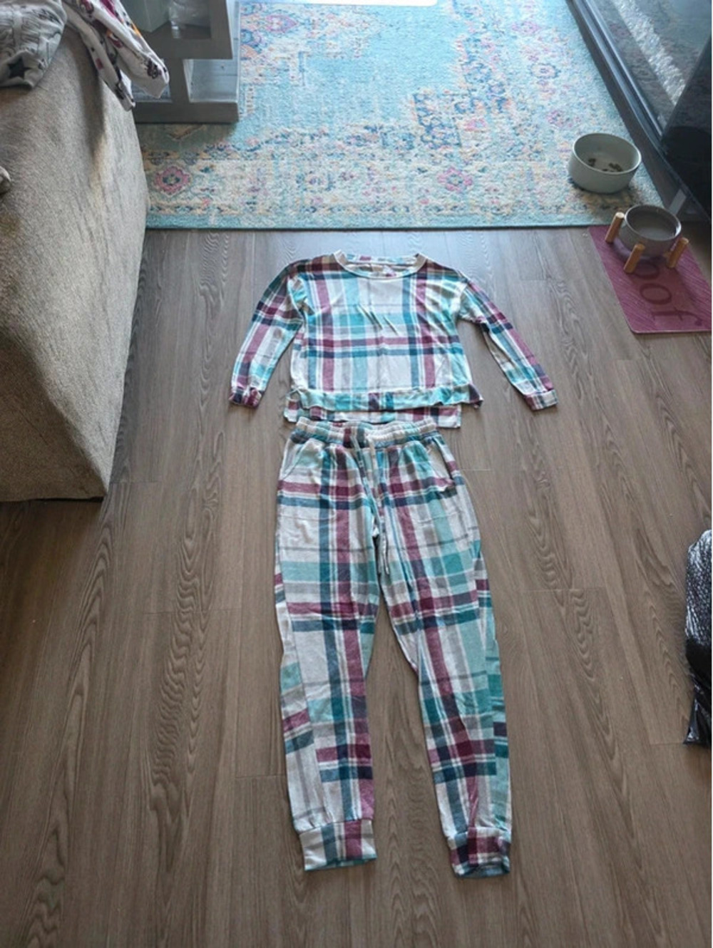 Plaid Long Sleeve Pajama Set with Drawstring Pants